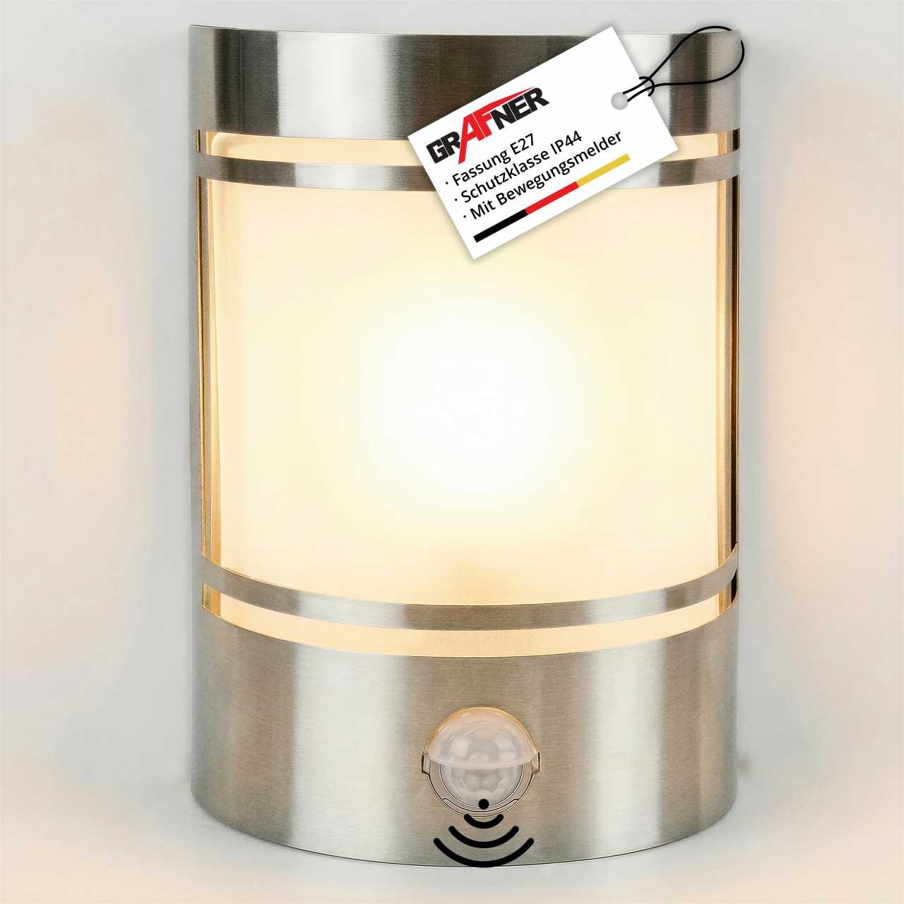 Grafner Edelstahl-Wandlampe mit Bewegungsmelder 153SQE27PIR WL10197