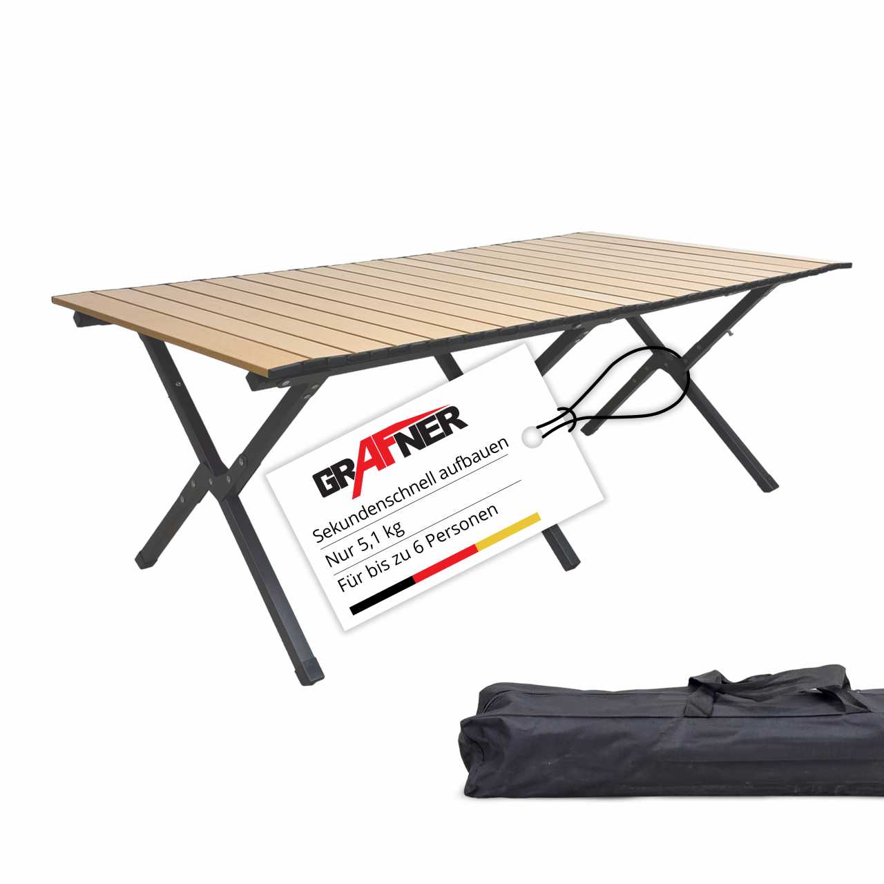 Grafner Campingtisch Rolltisch in Holzoptik | incl. Transporttasche | 118x58x43 cm | CT11135