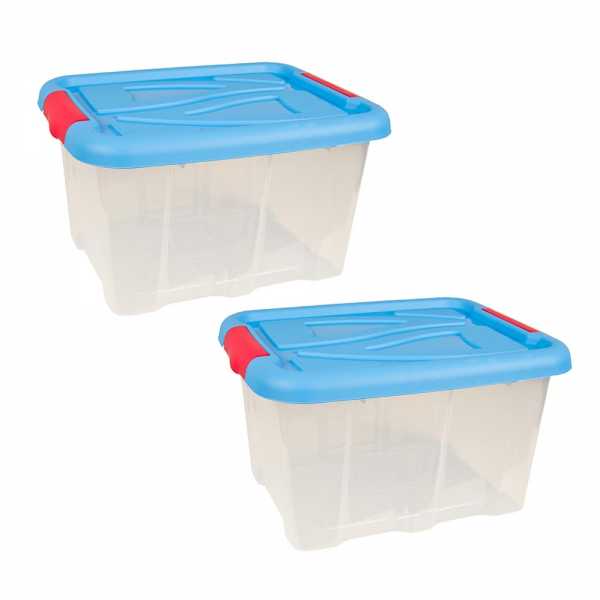 2er Set Stapelboxen 30 Liter Aufbewahrungskisten mit Blauem Deckel